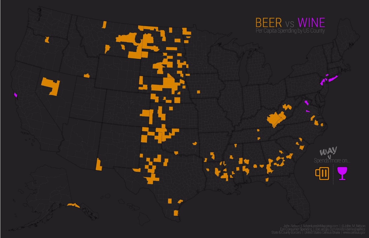 Per capita spending for beer vs wine in the US